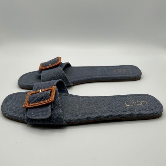 LOFT Outlet Blue Fabric Slides Flat Sandals Slip On with Brown Buckle Womens 10M - Picture 2 of 9
